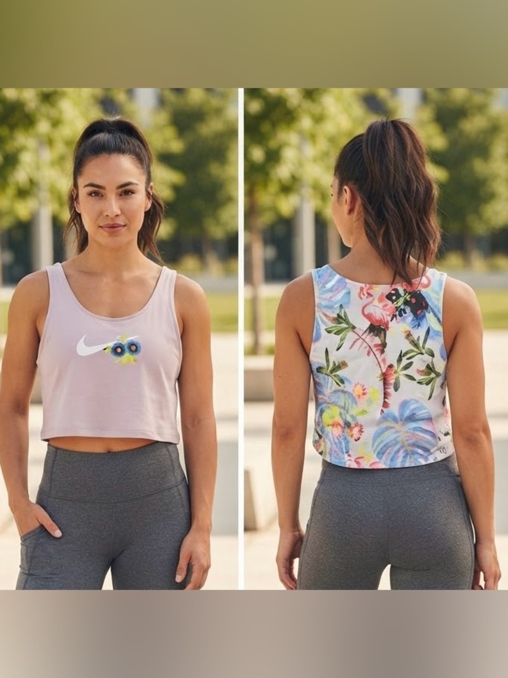 Nike Women’s Light Pink Cropped Tank with Floral-Print Back